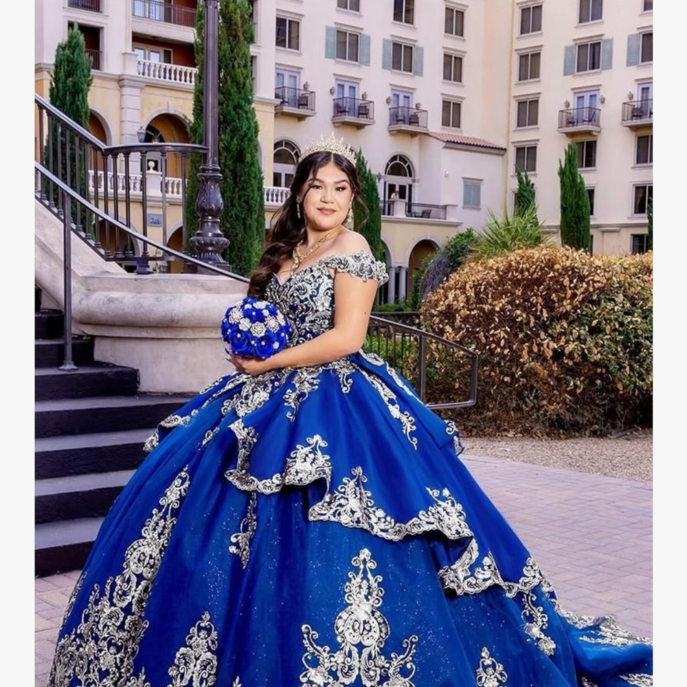 QUINCEANERA Cinderella Elegant Lace Trimmed Baby Blue Ballgown - Picture 3 of 8